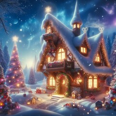 Fantasy Christmas House with Christmas Trees in a Snowing Forest under the Starry Night