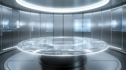 A futuristic meeting room with a circular table made of transparent material and digital walls on every side