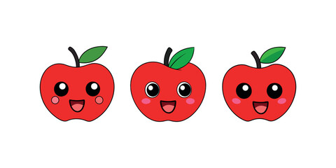 Cute cartoon apples with happy smiling expressions red apple character. Flat cartoon fruit isolated on white. Illustration for kids, magazins, menu, Vector.