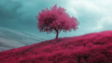 A pink tree stands in a field of pink flowers