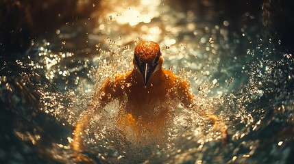 Fototapeta premium Kingfisher Emerging From Water Sunlight Splashing