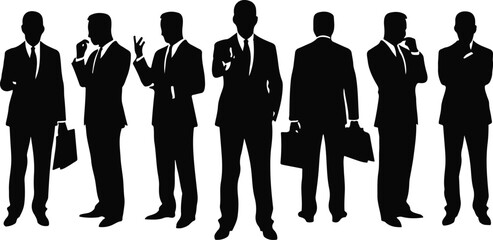 Silhouettes of Businessman character in different poses. Business man in formal suit standing front, back, rear, side view, pointing, thinking. Vector black illustrations on white background