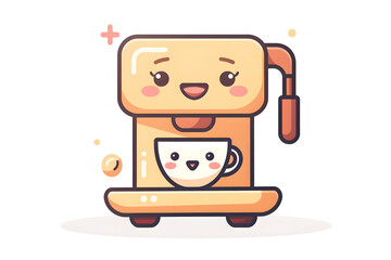Cute Coffee Machine With Smiling Cup in Bright Cartoon Style