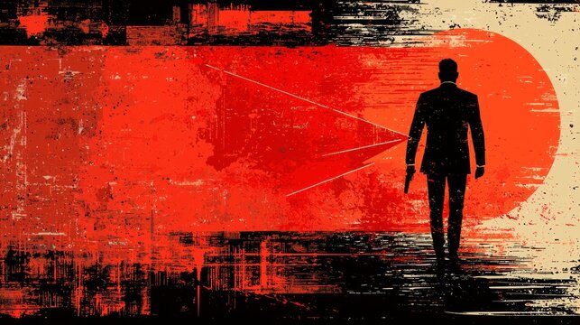 Silhouetted man in suit, back view, holding gun, red grunge background.