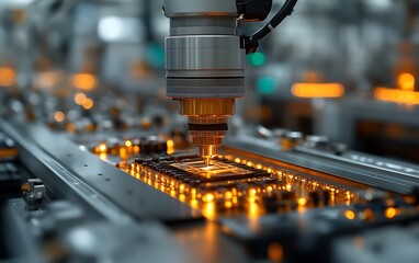 Robotic arm precisely soldering a circuit board.
