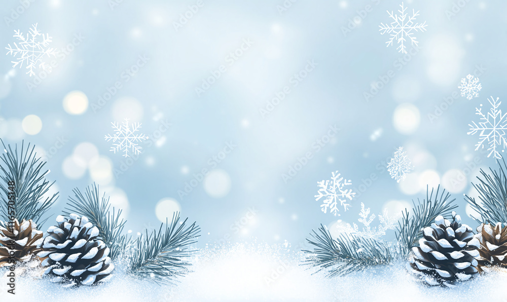 Poster snowy pine cones and branches with snowflakes on a soft blue winter background