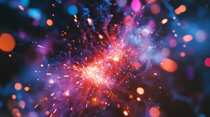 Abstract cosmic explosion of colorful particles, glowing in vibrant blues, reds, and purples, illustrating a dynamic energy burst.