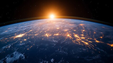 Obraz premium Earth sunrise, city lights, space view.