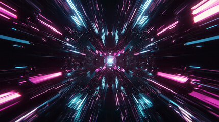 Naklejka premium Dynamic tunnel of light with vibrant pink and blue streaks in a futuristic setting