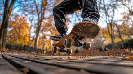 Skateboarder mid-air trick in autumn park.