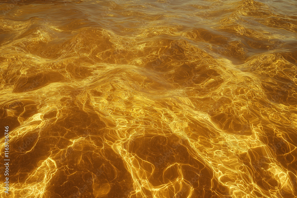 Poster an endless beach where the waves are made of flowing liquid gold.