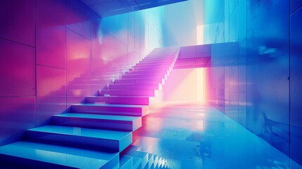 A futuristic, colorful staircase illuminated by vibrant light in a modern architectural space.