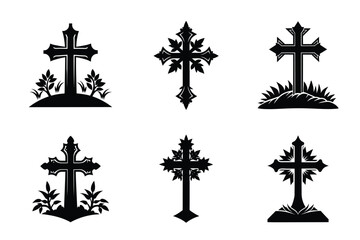 Set of Christian cross liner and silhouette, Religious cross icon illustration