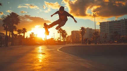 Skateboarder performing an ollie at sunset.