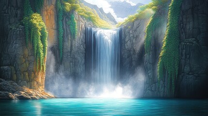 Serene waterfall cascading into turquoise pool.