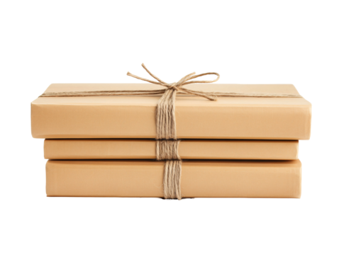 Isolated Stack of Brown Paper Wrapped Books Tied