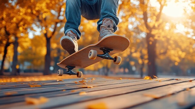 Skateboarder performing ollie in autumn park.