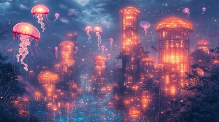 Obraz premium Glowing jellyfish city, water, night sky.