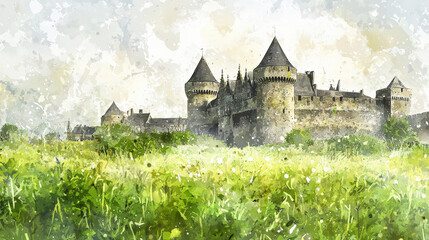 Majestic castle surrounded by rolling green hills and pastel sky