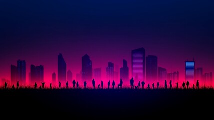 City skyline at night, silhouettes of people in foreground.
