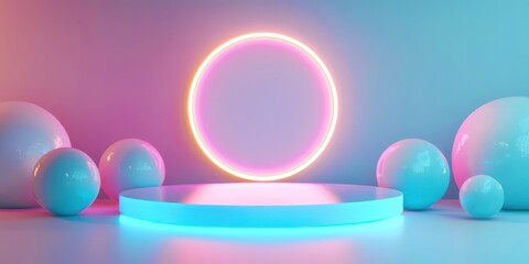 Obraz premium Neon lighted sphere is on a stage with other spheres surrounding it