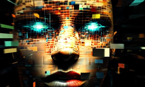 Abstract digital face composed of colorful pixelated fragments.