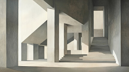 Fototapeta premium Modern architectural space with minimalist forms and stark shadows