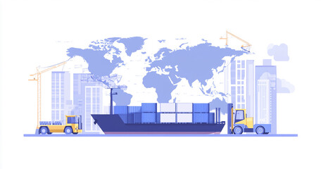 Obraz premium Global Freight and Logistics with Ship and Trucks on World Map Background