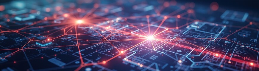 Digital network map with glowing red nodes