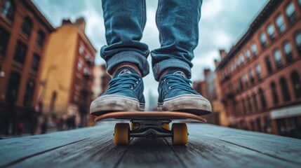 Skateboarding on city street. Person's feet on skateboard, low angle close up.
