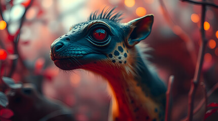 A professional photograph of an exotic pet in a mystic, enchanting environment, warm colors including reds, oranges, and yellows, gentle color contrasts, a dreamlike atmosphere, and an otherworldly et