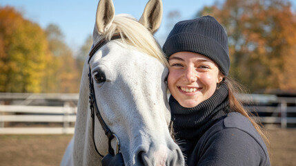 German woman in black turtlenecks and equestrian attire with white horse