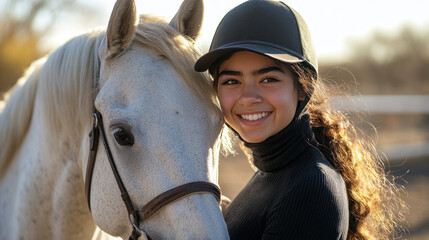 Obraz premium Hispanic woman in black turtlenecks and equestrian attire with white horse