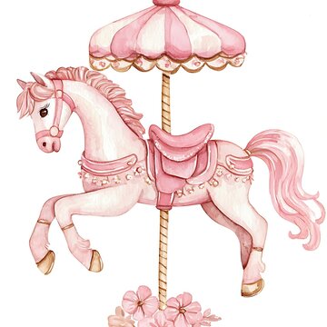 Watercolor illustration of a pink carousel horse with a pink umbrella, perfect for children's books, invitations, or nursery decor.