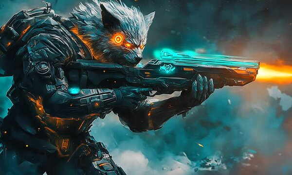 A futuristic wolf-like creature armed with a glowing weapon in a dynamic sci-fi environment.
