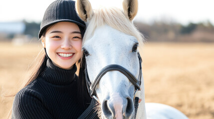 Obraz premium Chinese woman in black turtlenecks and equestrian attire with white horse