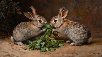 Fototapeta premium Two Rabbits Sharing a Snack in a Backyard Setting