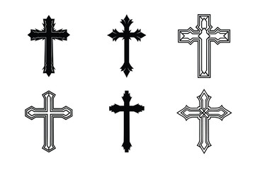 Set of Christian cross liner and silhouette, Religious cross icon illustration