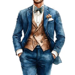 Watercolor Illustration of a Man in a Stylish Blue Suit with a Brown Waistcoat and Floral Bow Tie.
