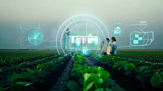 Modern crop monitoring with holographic displays above the green seedlings.