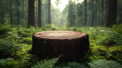 Fototapeta premium Tree stump in a pine forest with detailed bark texture and growth rings. Morning sunlight filtering through trees highlights the moss and ferns on the soft forest floor.