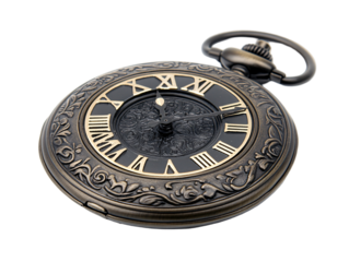 Isolated Bronze Pocket Watch with Black Face and Roman Numerals