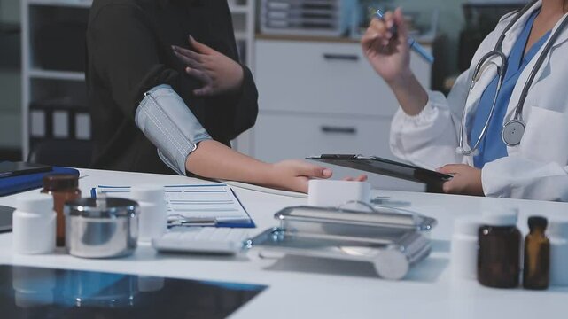 Male doctor uses a blood pressure monitor to check the body pressure and pulse of the patients who come to the hospital for check-ups, Medical treatment and health care concept.