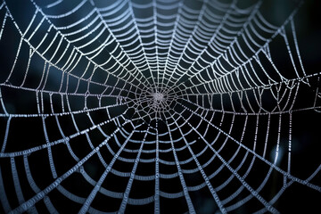 Intricate web of a spider spun with delicate threads glistening in the light, creating a mesmerizing pattern of nature's artistry