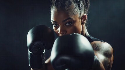 A determined female boxer wearing black gloves poses in a fighting stance, ready to fight against a dark background.