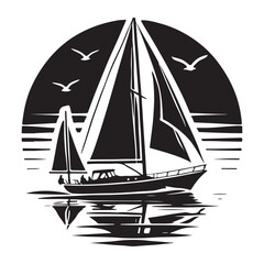 Sailing Silhouette Vector Illustration, Solid White Background.
