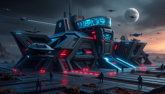 A massive, futuristic space base, showcasing intricate architecture and advanced technology, is situated on a desolate, likely alien, planet.