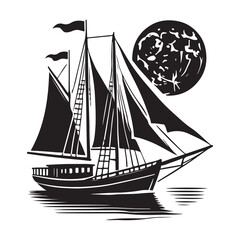 Sailing Silhouette Vector Illustration, Solid White Background.