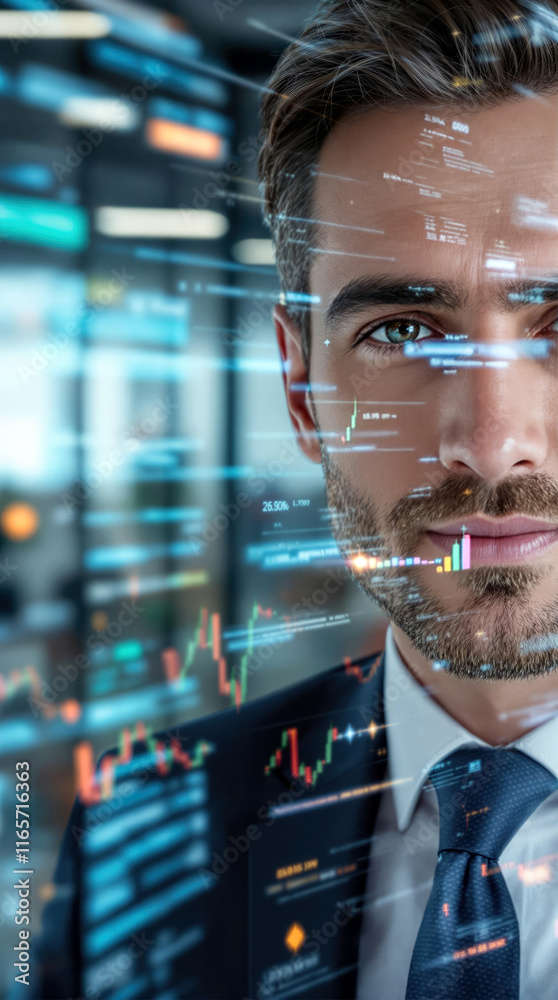 Aufkleber businessman analyzing data futuristic overlay of financial charts and code