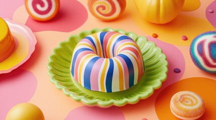 Colorful Striped Cake on Green Plate with Vibrant Sweets on Pastel Background